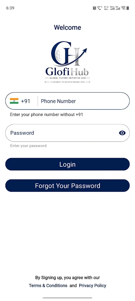 Glofihub One app — Login screen